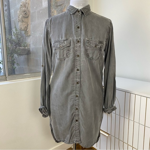 Sneak Peek Dresses & Skirts - Sneak Peek Utility Split Hem Long Sleeve Shirt Dress, Slate Grey, Size S